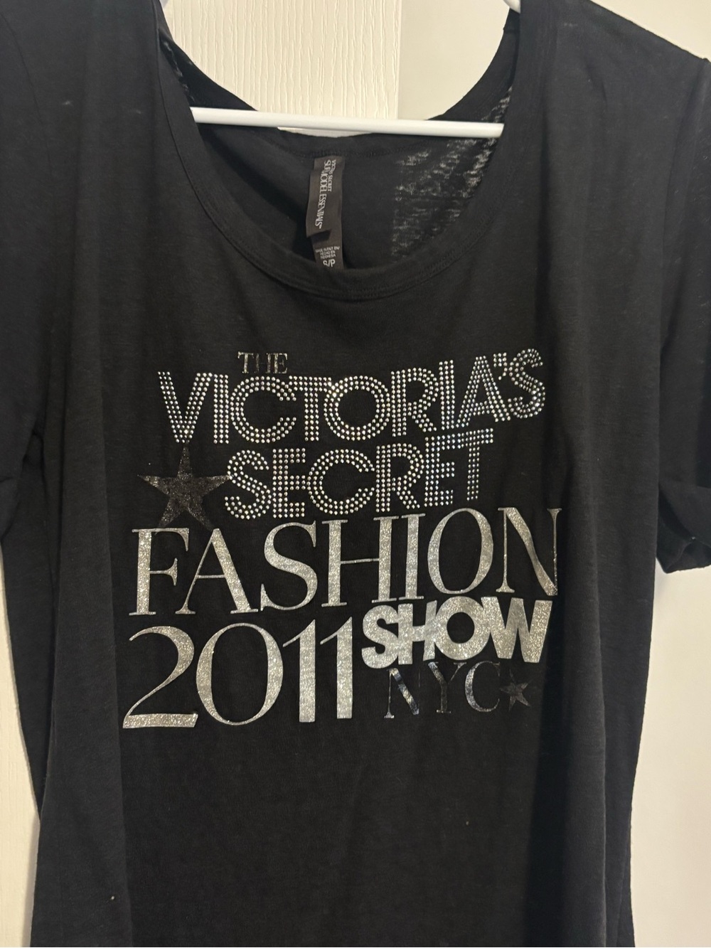 Victoria's Secret Black Short-Sleeve Graphic Tee with Silver Metallic Logo